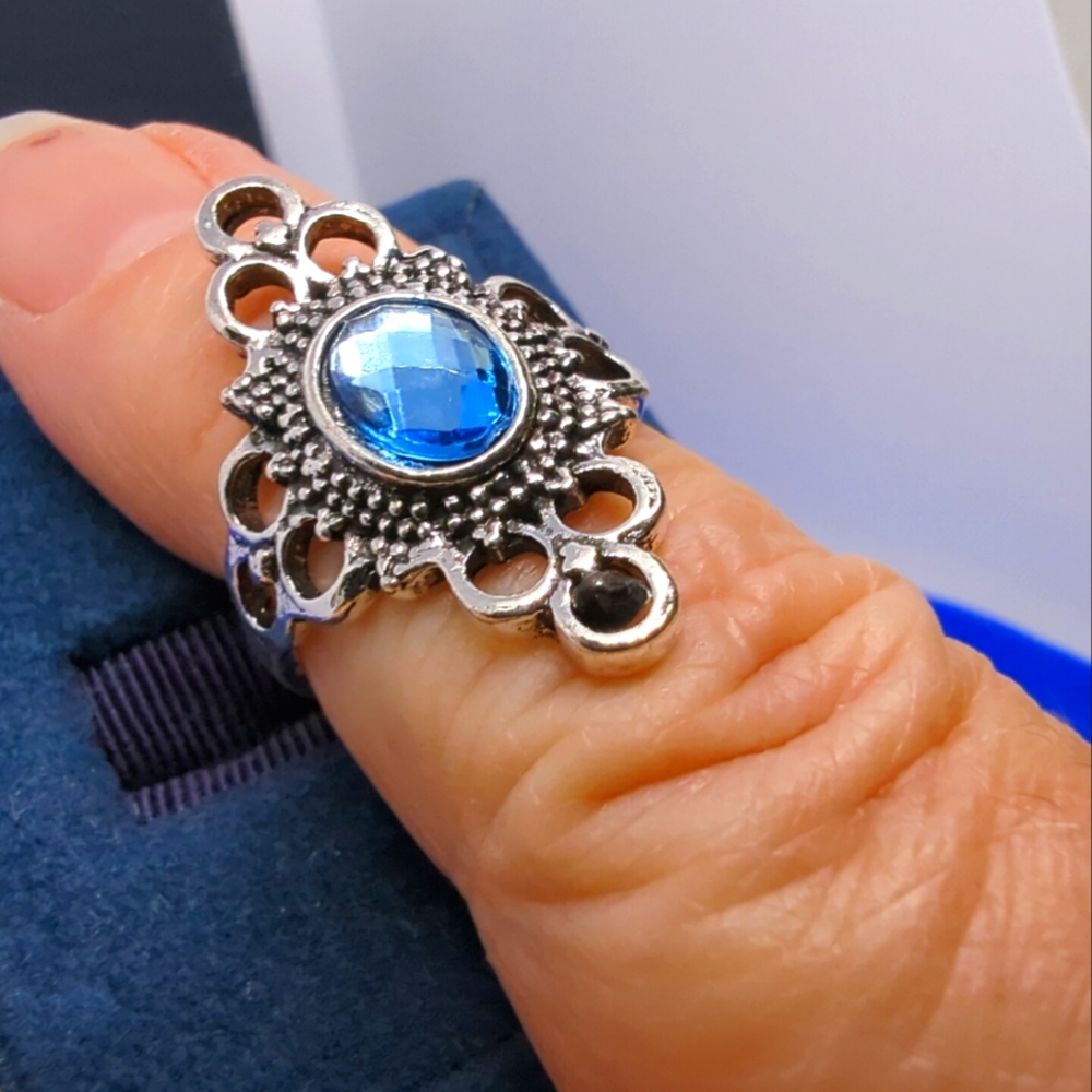 Blue Topaz Ring Filigree Silver Plated over Stainless Sz 7 New
